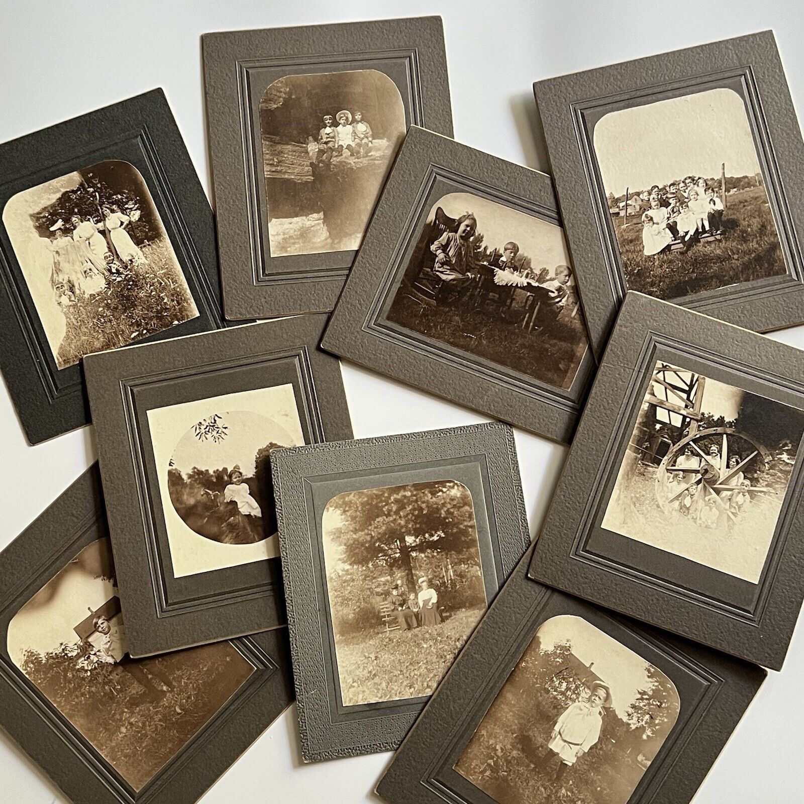 Antique Cabinet Card Photograph Lot Of 9 Adorable Children Playing Outside Tree