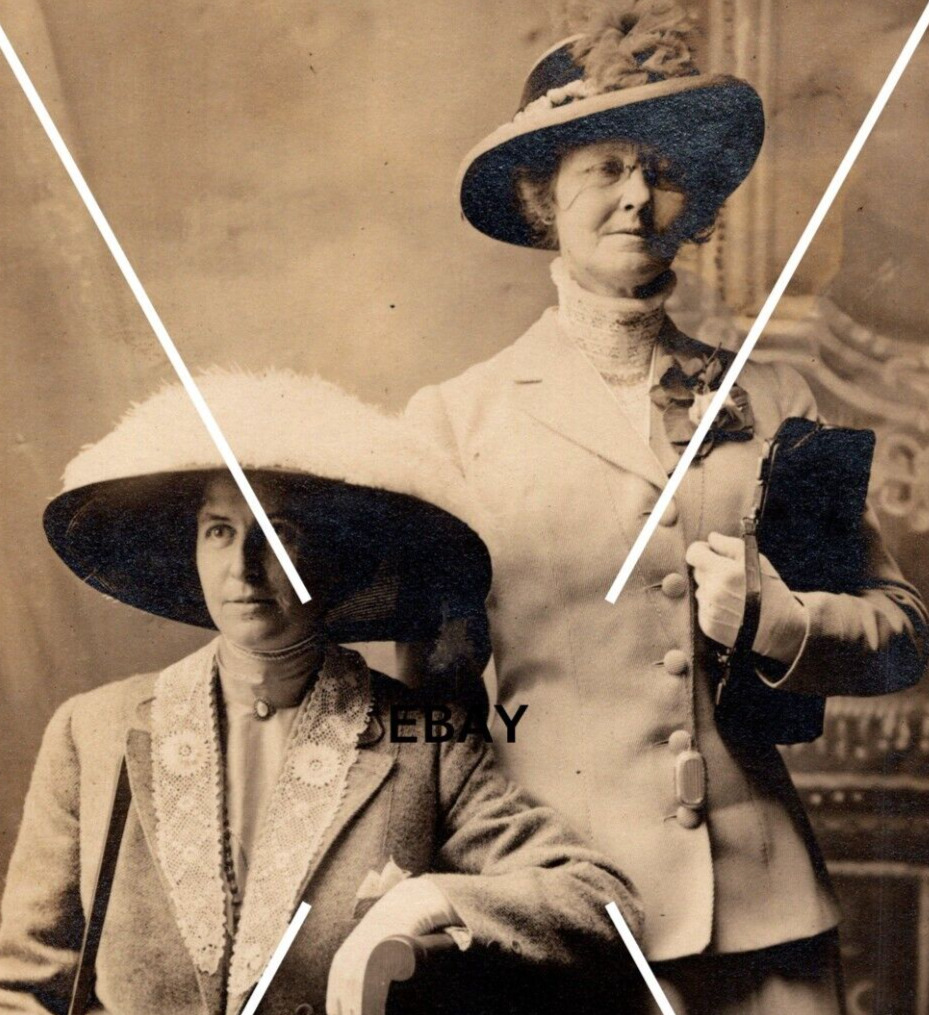 C 1907 - 1920s OOAK RPPC Postcard 2 White Women Big Hats Umbrella Suits NOKO BW