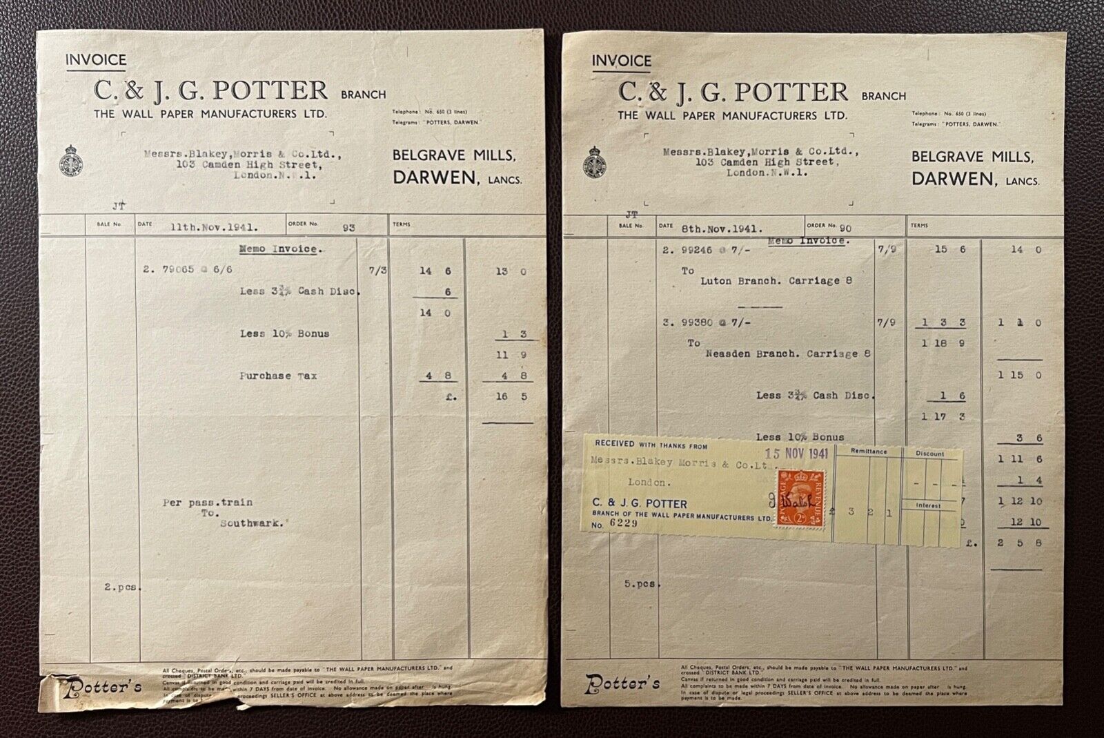 1941 2x C. & J. G. Potter, Wallpaper Maker, Belgrave Mills, Darwen Invoices