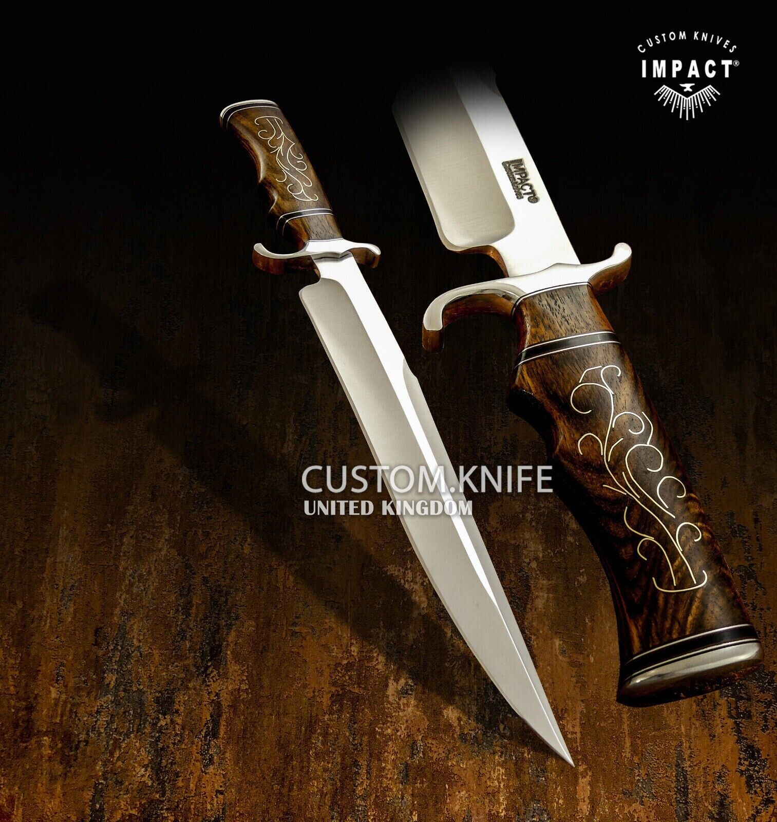 IMPACT CUTLERY CUSTOM HUNTING BOWIE KNIFE BRASS INLAY BURL WOOD HANDLE- 1644