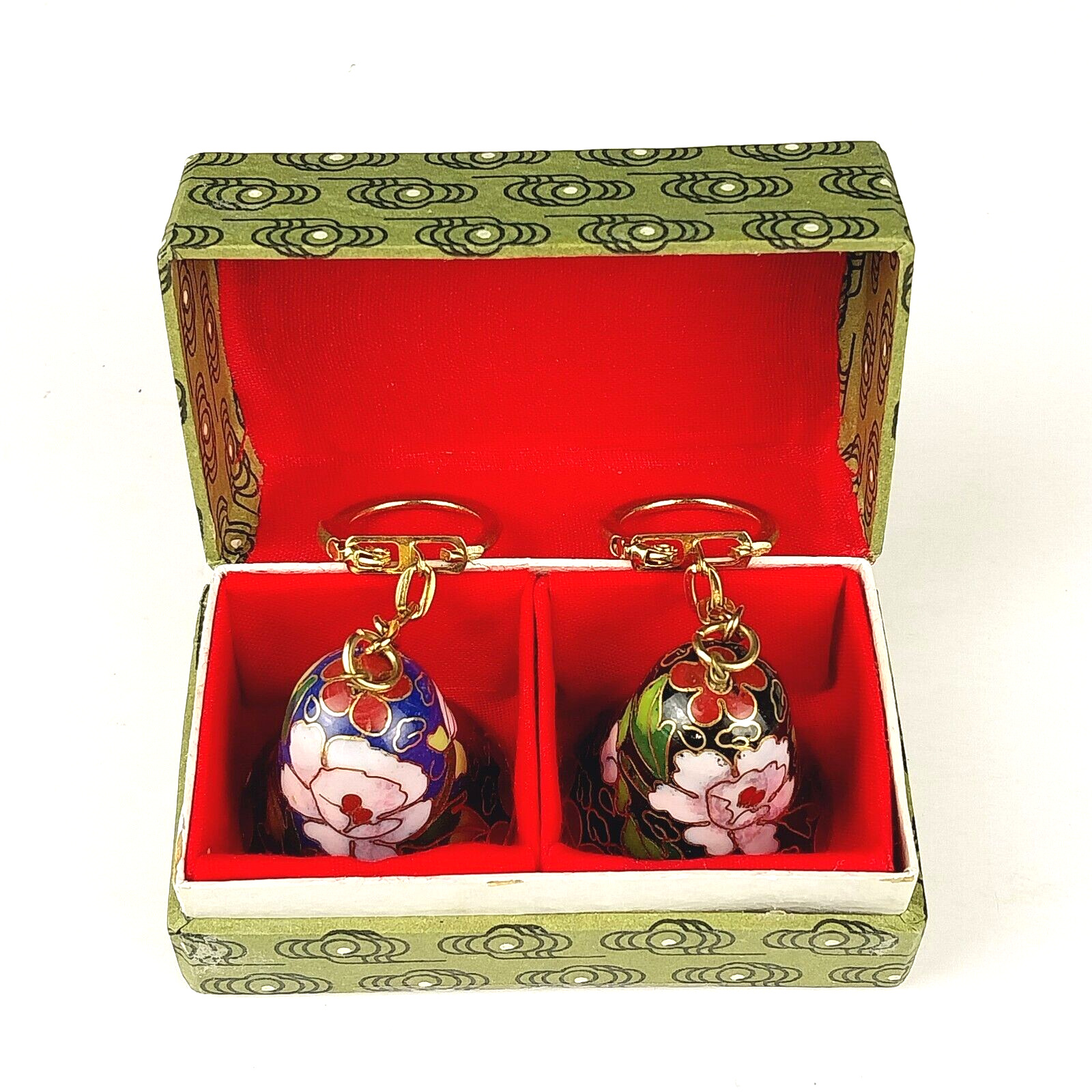 Vintage Japanese Cloisonné Floral Ceramic Bell Keychain Key Fob Set of 2 - NOS