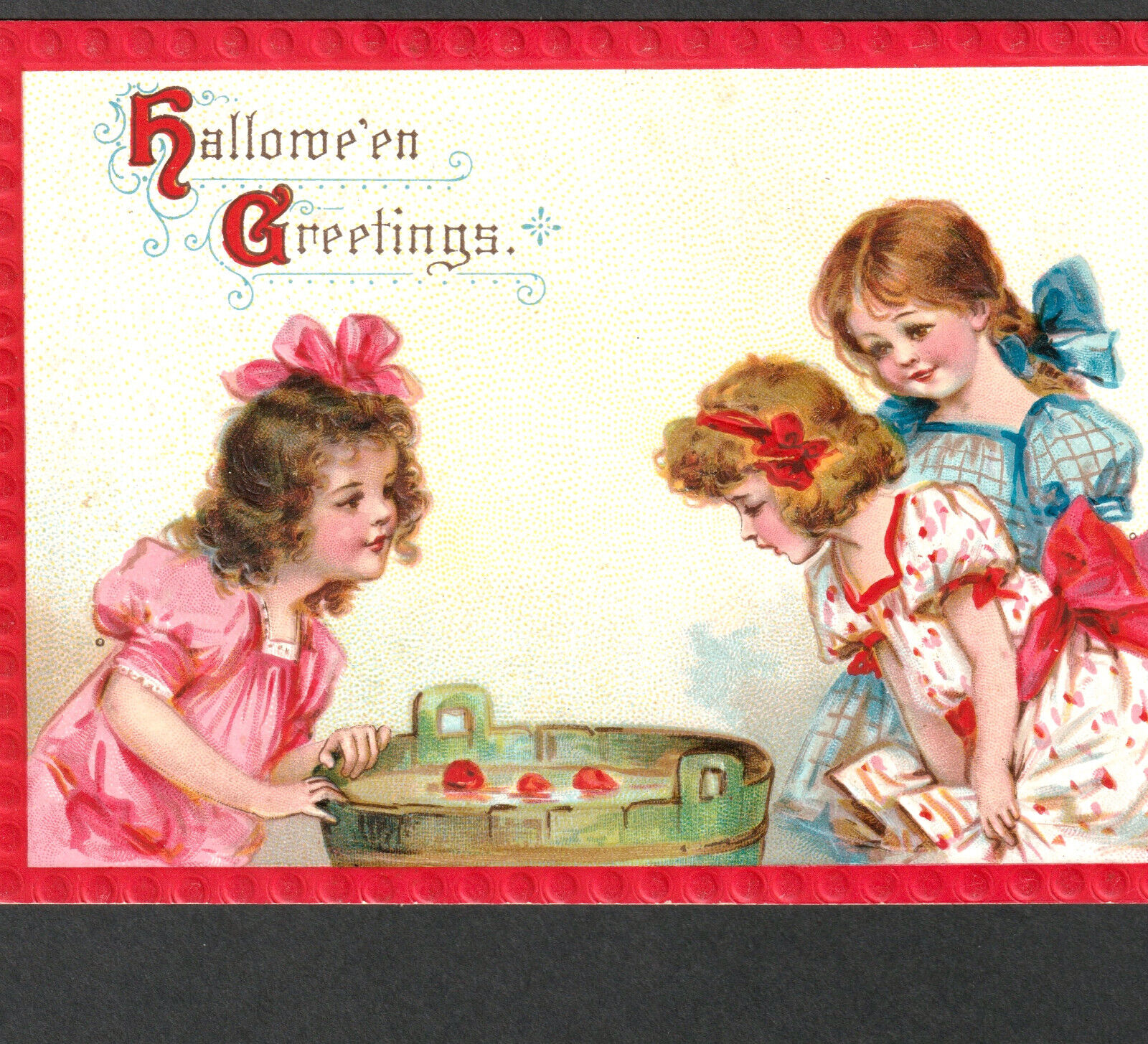 Halloween Greetings Frances Brundage Gabriel 120 Apple Bobbing 3x Girls PostCard