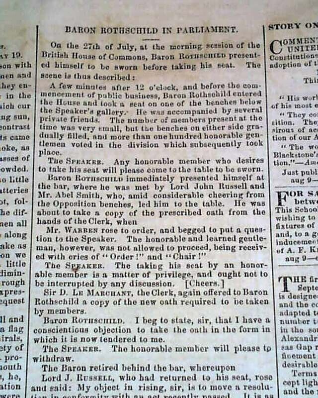 Baron Rothschild Becomes 1st Jewish Member of House of Lords Jews 1858 Newspaper