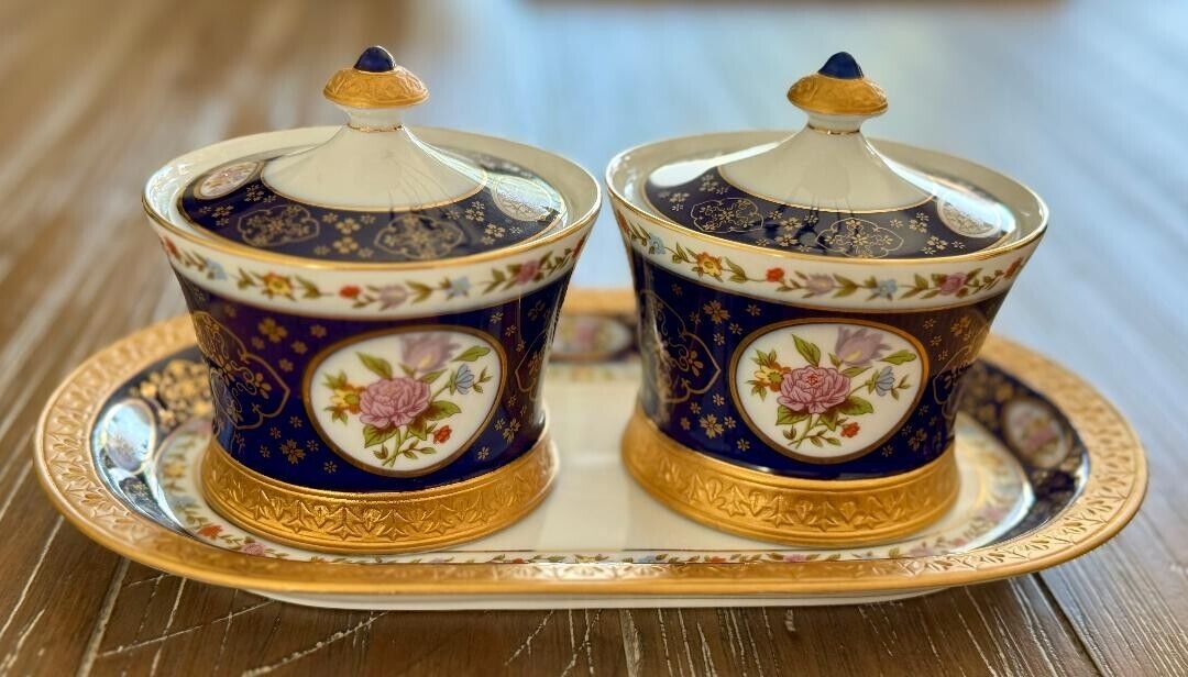 Super White Royal China Jam Jars and Tray Cobalt Blue EXCELLENT