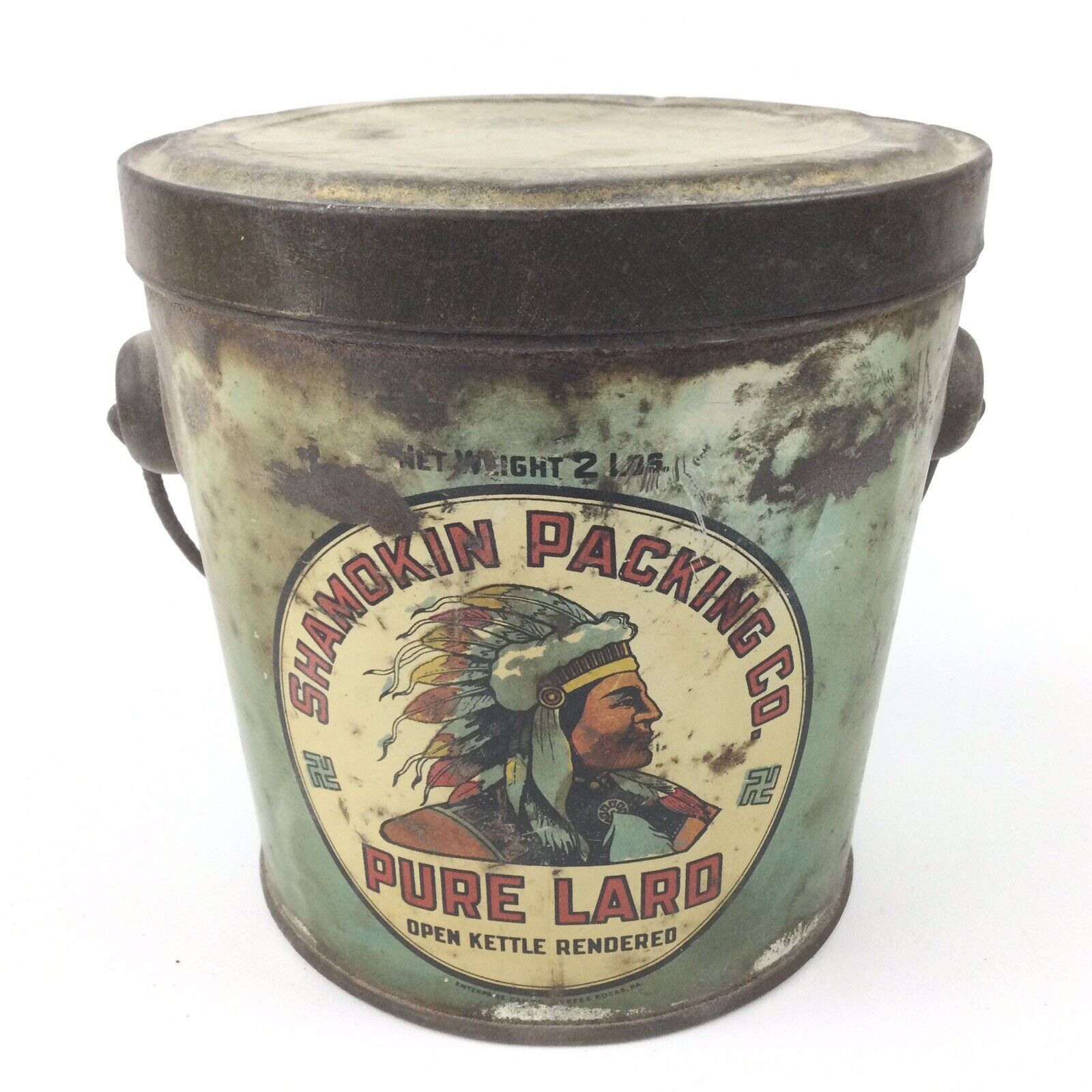 Shamokin Packing Co 2lb Pure Lard Can Tin Pail Native Chief Graphic Rare