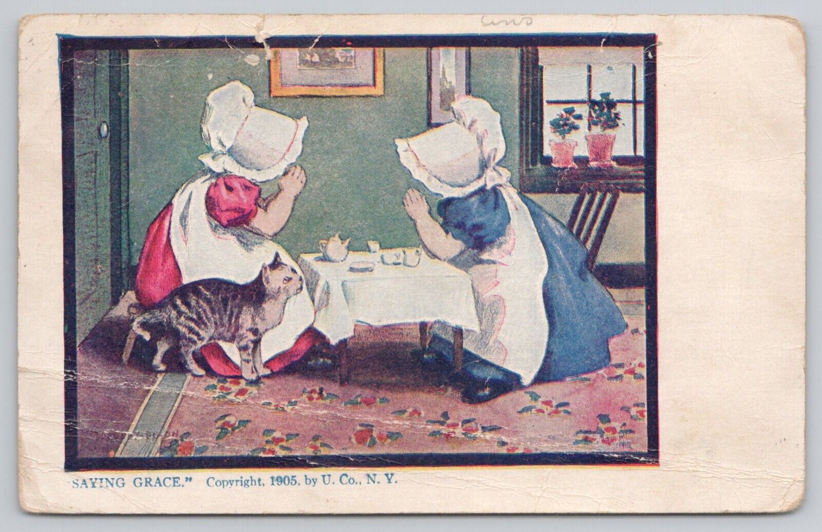 Two Young Girls Saying Grace Before Tea With Cat ANTIQUE POSTCARD 996