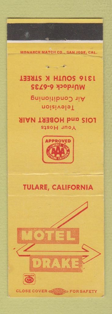 Matchbook Cover - Motel Drake Tulare CA