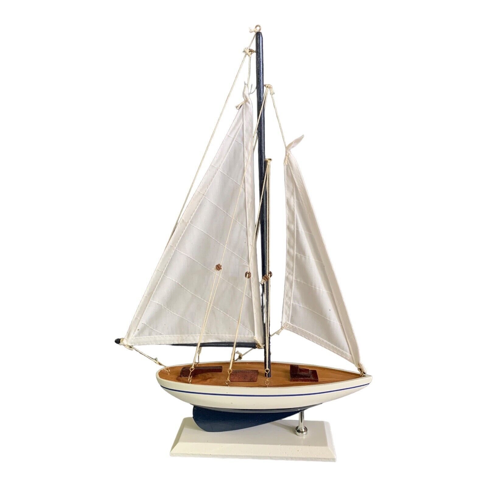 Vintage Sailboat Model with Cloth Sails 17” Tall Wood Base