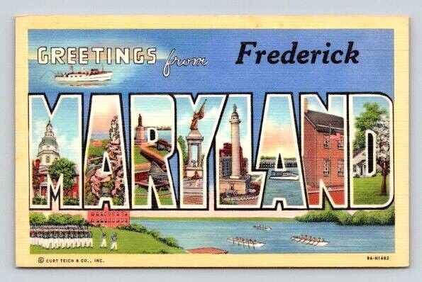 Greetings From Frederick Maryland Large Letter Linen Postcard
