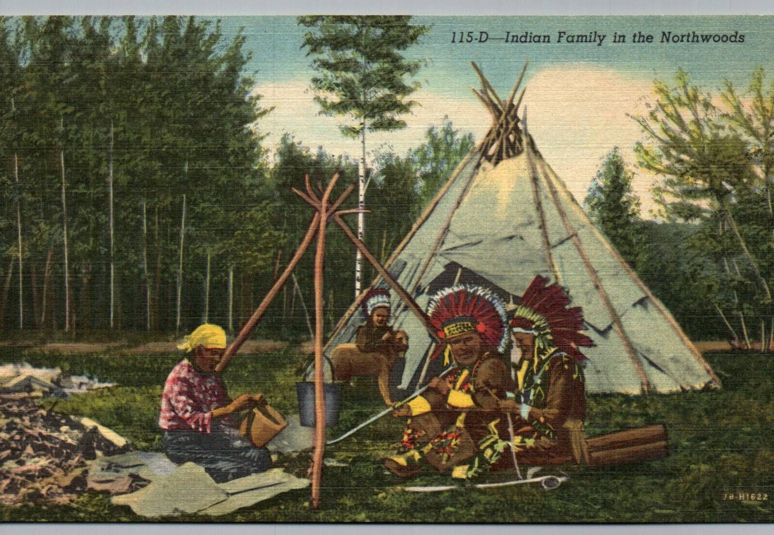 Postcard Native American Indian Family in Northwoods Tepee Tent Linen Unposted