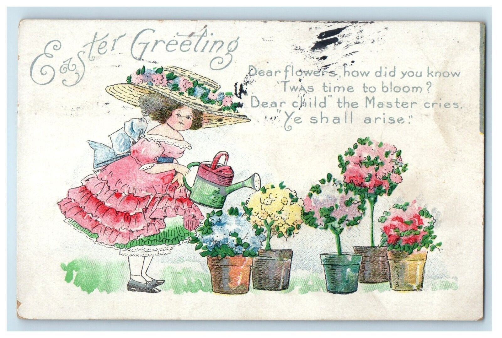 1911 Easter Greetings Girl Big Hat Watering Bloom Flowers Plants Postcard