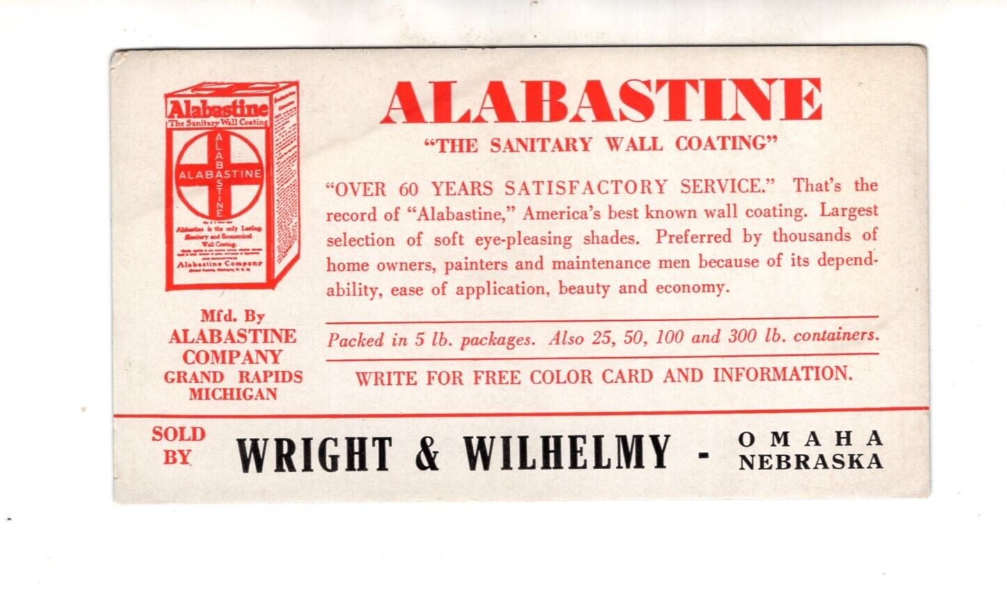 vintage 1940\'s Ink Blotter, Alabastine Wall Coating, Wright & Wilhelmy, Omaha NE