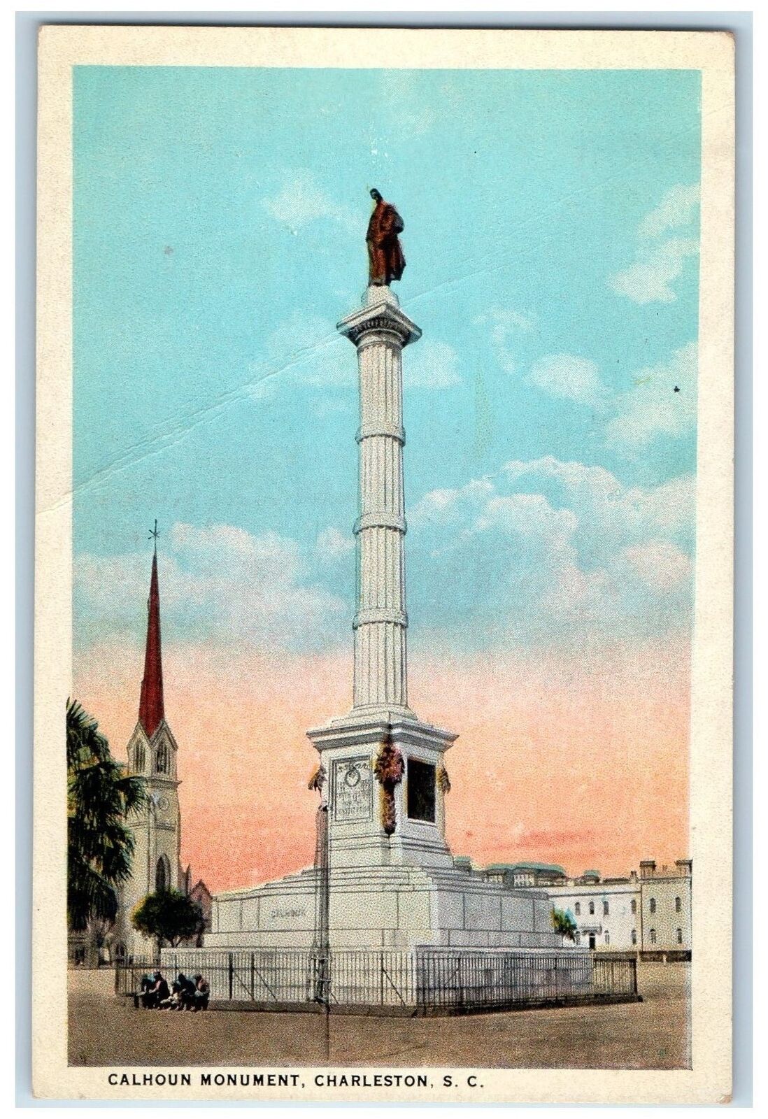 c1940s Calhoun Monument Scene Charleston South Carolina SC Unposted Postcard