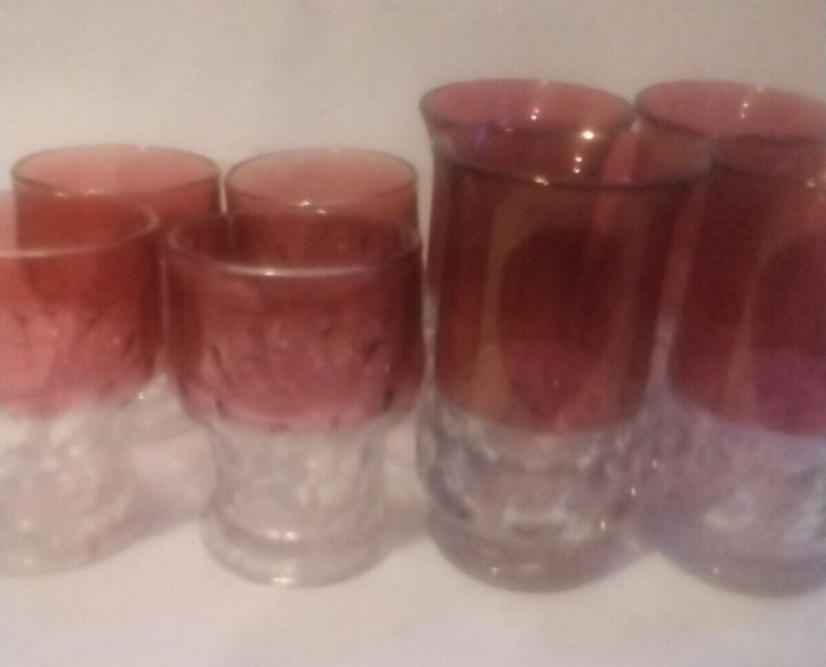 VTG Tiffin Kings Crown Cranberry Flash  Thumbprint Drinking Glass Set of 8