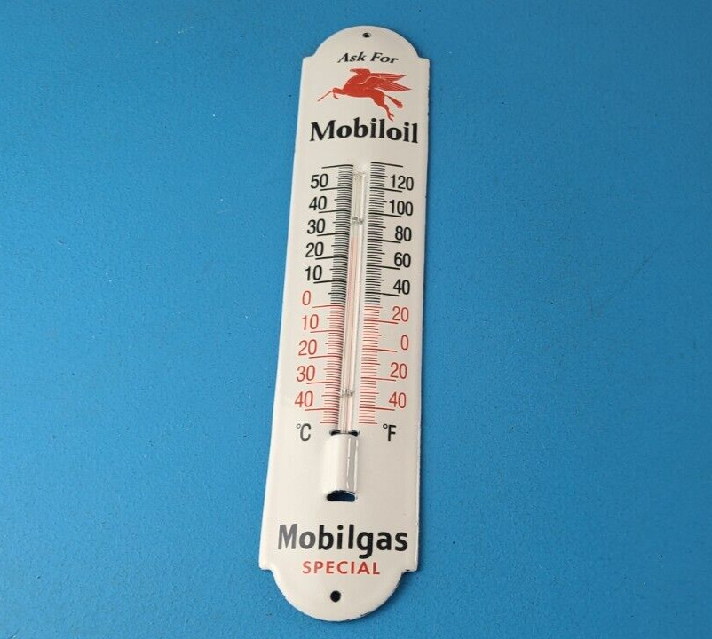 Vintage Mobil Gas Sign - Service Station Pump Ad Sign on Porcelain Thermometer