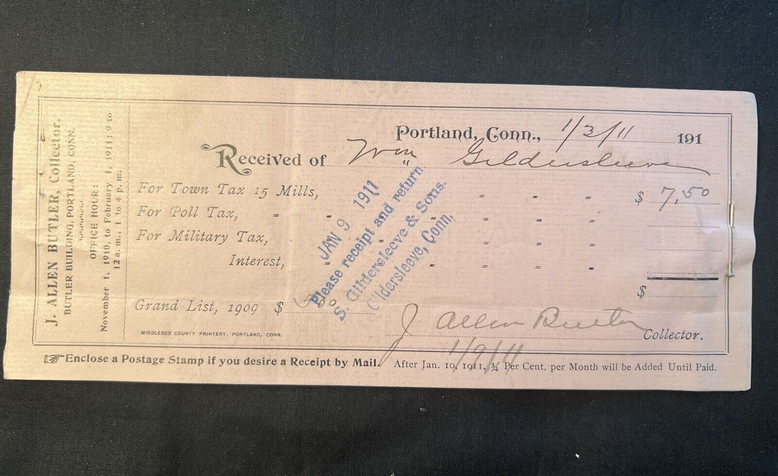 1911 Portland Conn Town Tax Receipts (4) Poll Military Ship Build Gildersleeve