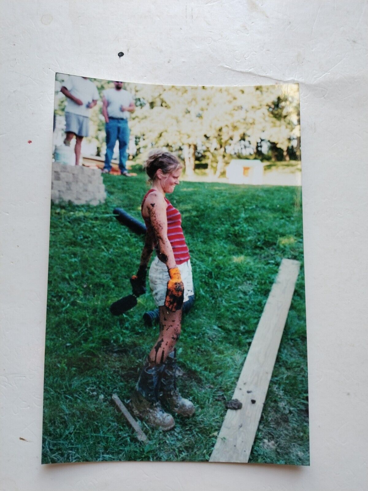 Vtg Found Color Original Photo Camping Snapshot Muddy Dirty Cute Girl In Boots