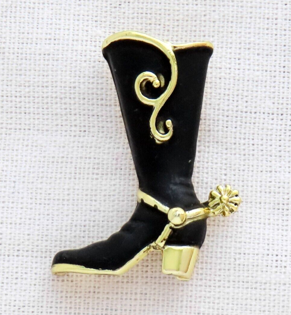 Cowgirl Black Boot Lapel Pin Vintage Rodeo Western Spur Swirl Gold Tone Shoe