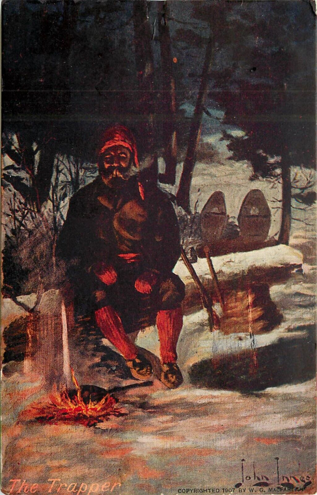 The Trapper S/A Postcard John Innes Troilene Western Series Snowshoes Campfire