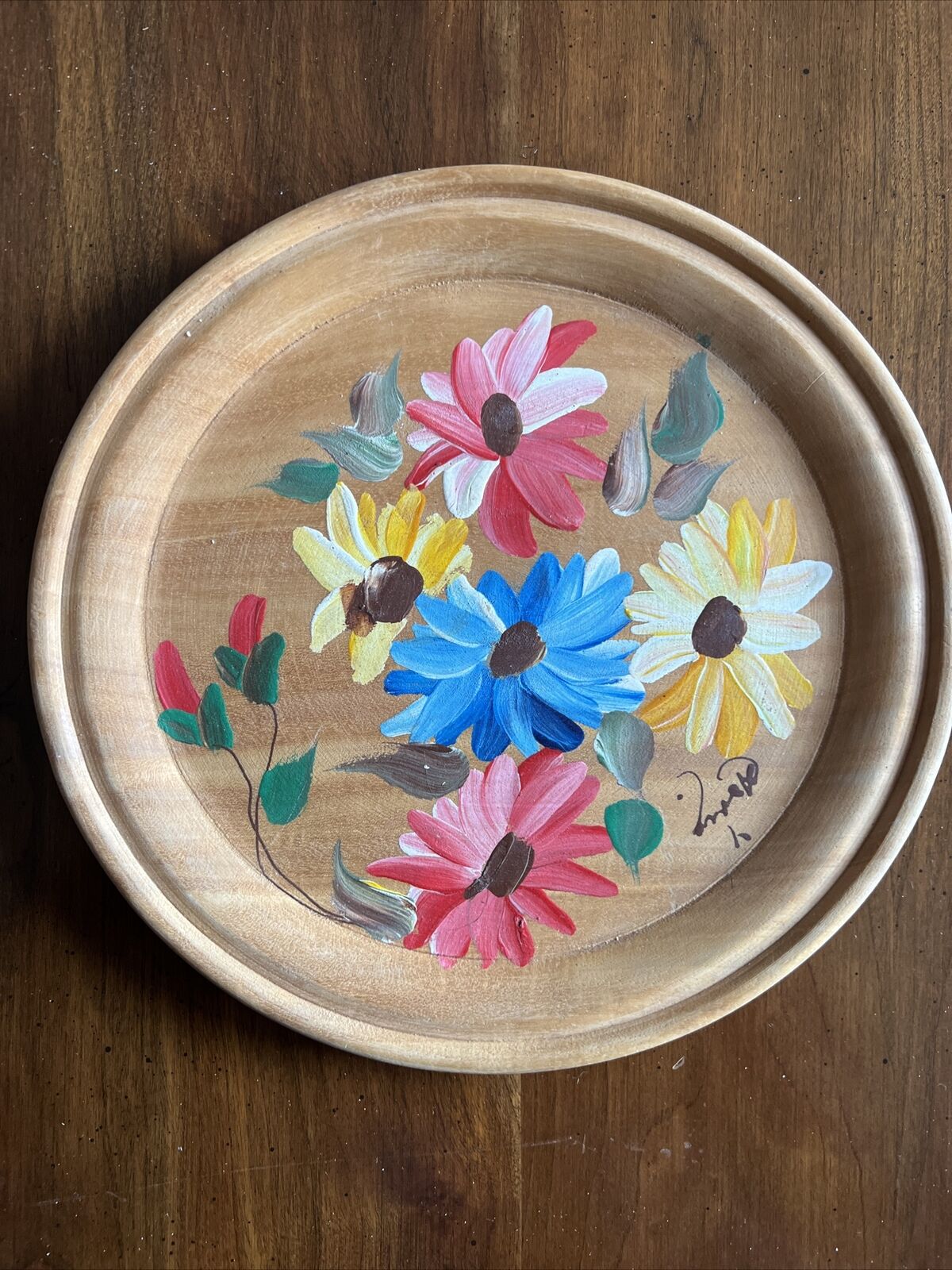 Vintage Honduras Hand Painted Flowers Wooden Plate ; Charming