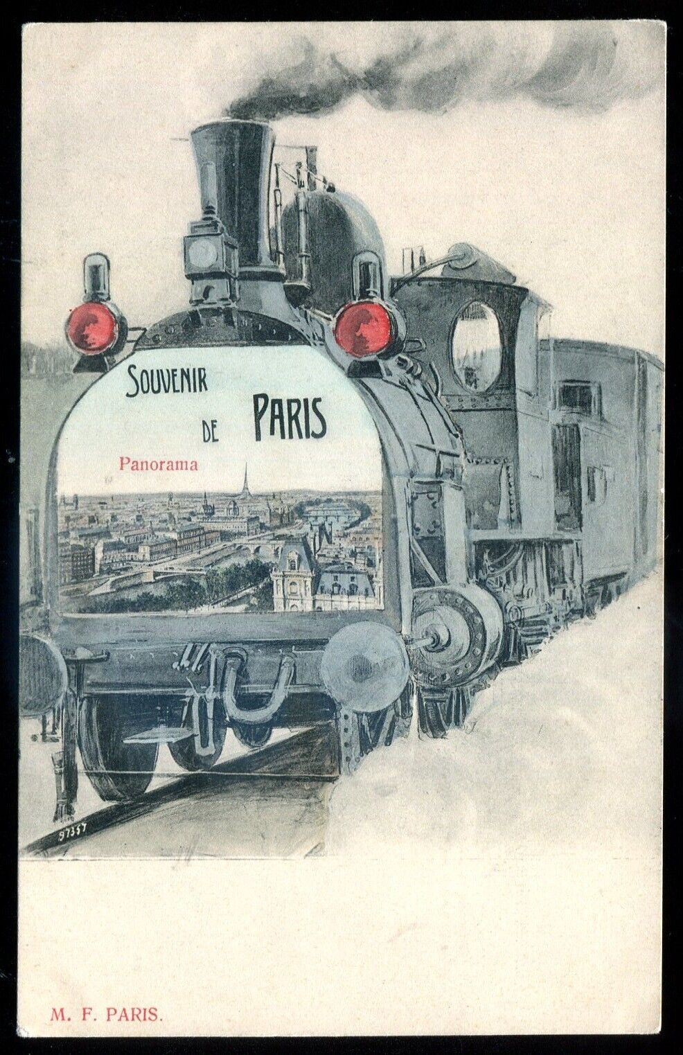 FRANCE Paris Postcard 1910s Greetings Panoramic View Novelty Train Border