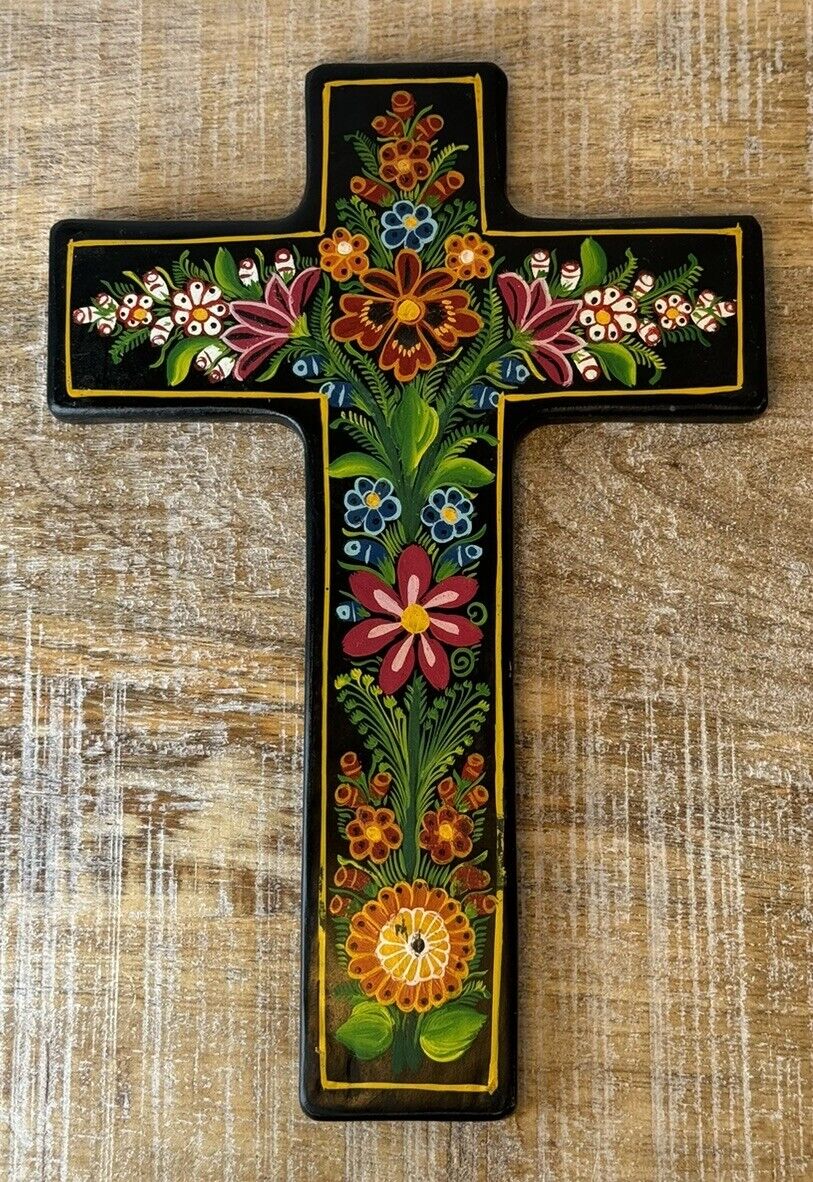 Hand painted Mexican Floral Folk Art Cross