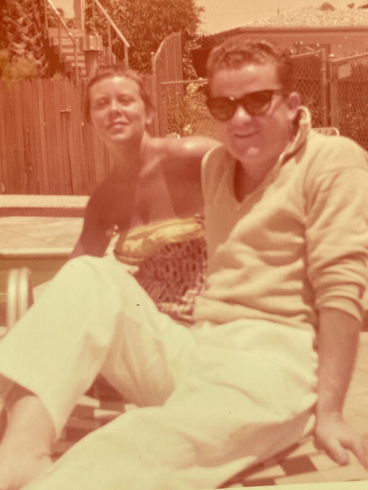 JG Photo Cute Couple Handsome Man Pretty Woman Lounging Poolside Sepia 1950-60s