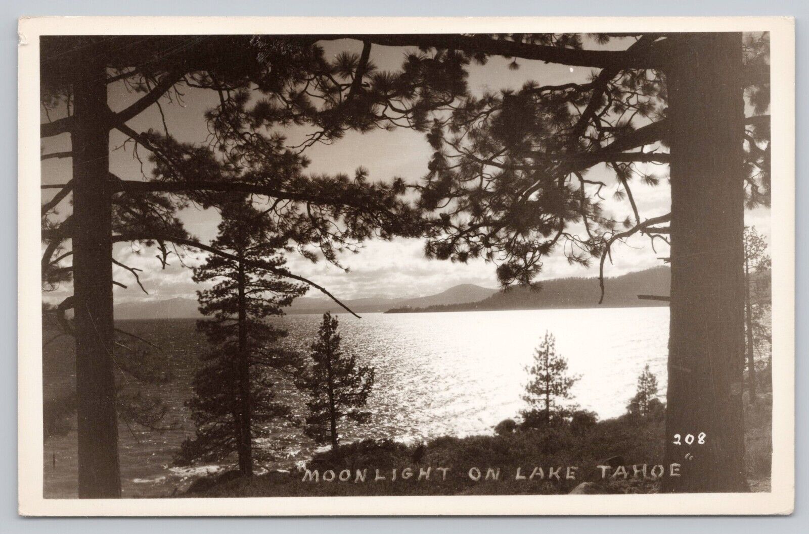 Lake Tahoe California, Moonlight Scenic View, Vintage RPPC Real Photo Postcard