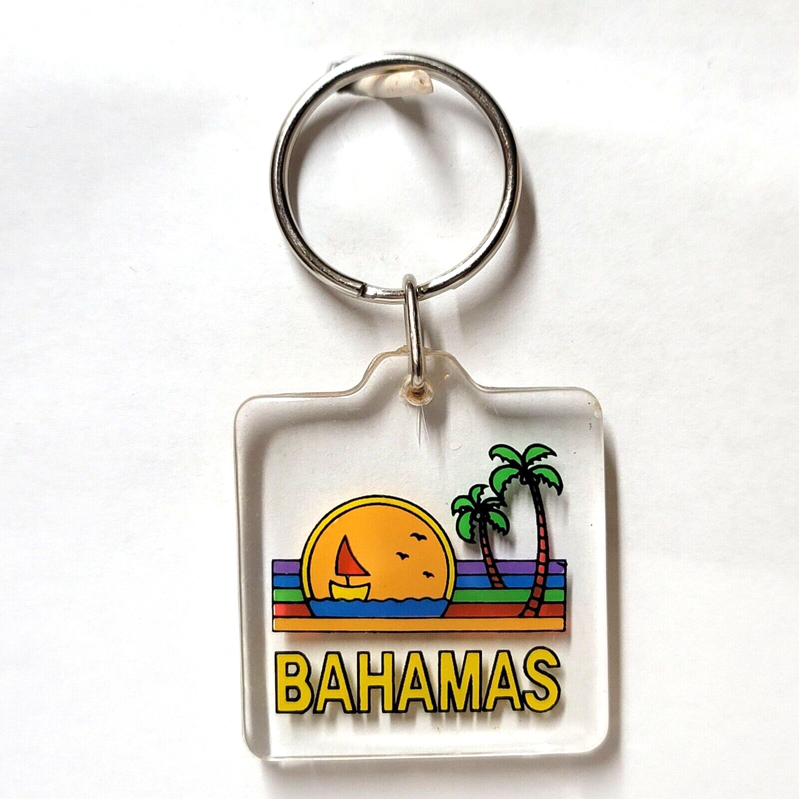 Vintage 80s Keychain Bahamas, 2 Sided Key Chain Ring 1980s Sailboat Sunset Palm.