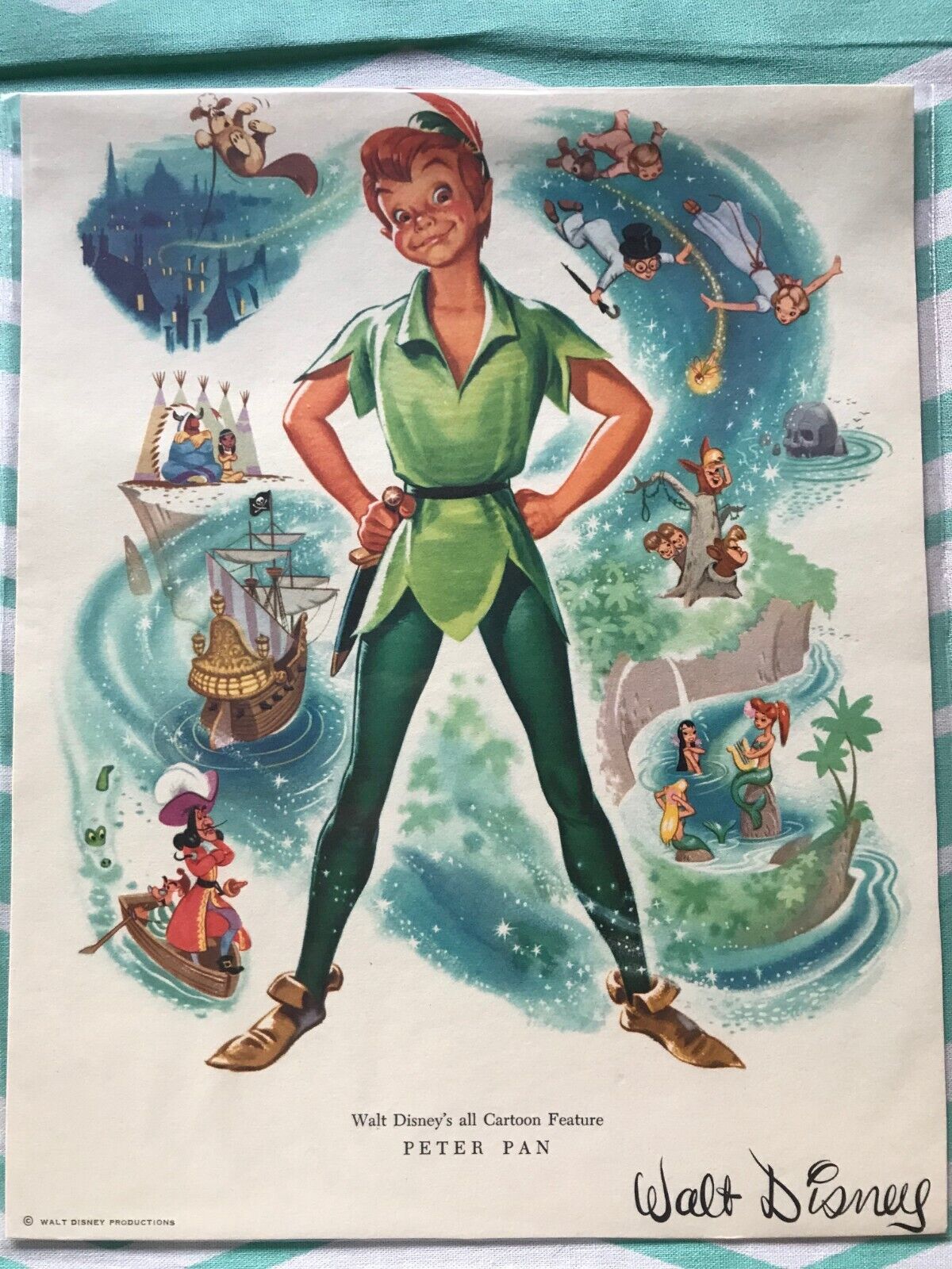 Vintage 8x10 Walt Disney Peter Pan Fan Club Dept Card Promotional Art Print