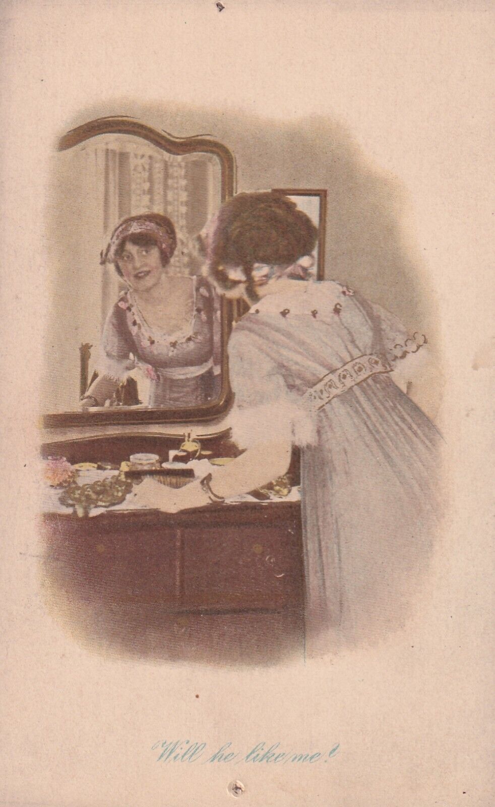 VTG Postcard Antique 1907-15, Will He Like Me? Romance, Woman in Mirror