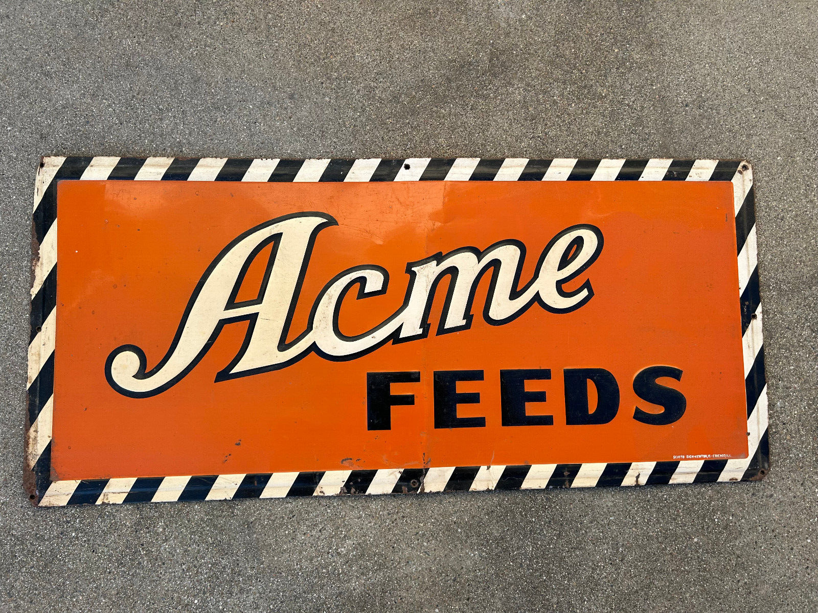 RARE Vtg ACME FEEDS Sign ORANGE Black White Stripes 1950s Farm EMBOSSED 29\