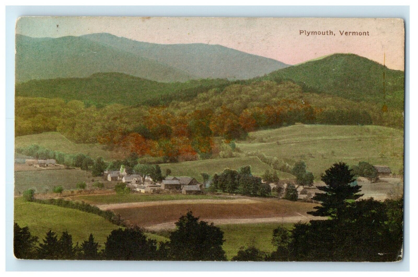 1912 Handcolored Aerial View of Trees and Houses, Plymouth Vermont VT Postcard