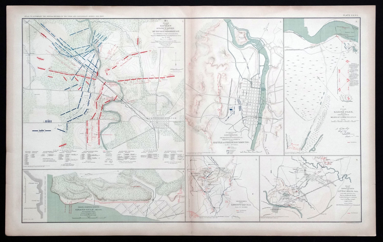 1800\'s Antique CIVIL WAR Atlas Map FREDERICKSBURG BATTLE Stones River GRAND GULF