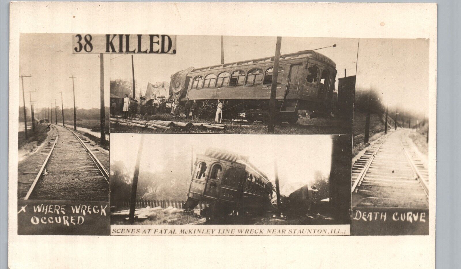 DEADLY STREETCAR WRECK staunton il photo postcard rppc trolley death curve