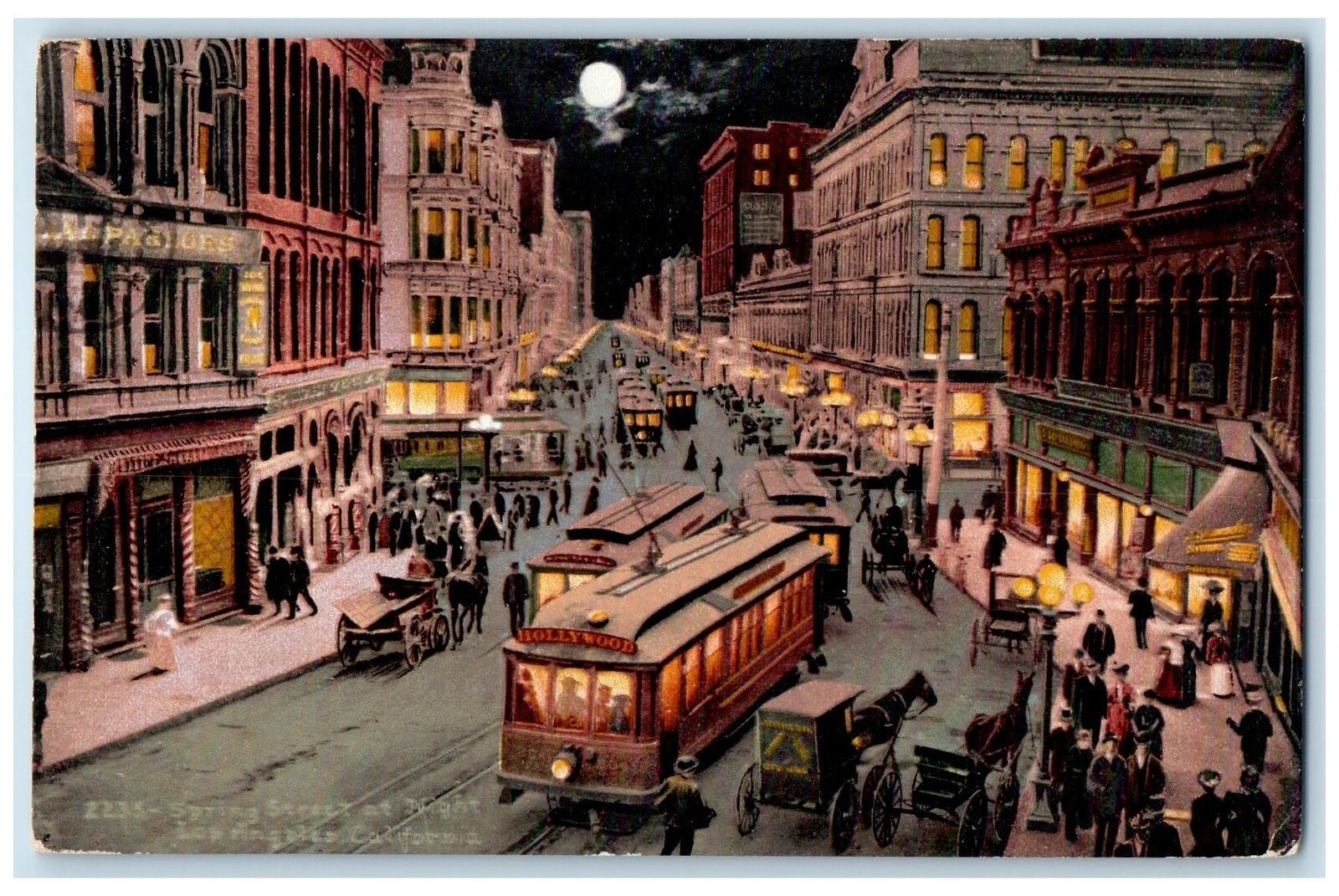 1911Spring Street At Night Trolley Cars Los Angeles CA Posted Carriages Postcard