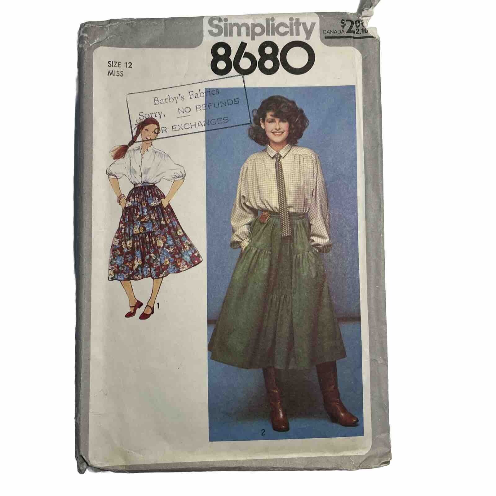 Simplicity 8680 Peasant Boho Skirt Yoke Detail Blouse Size 12 Bust 34