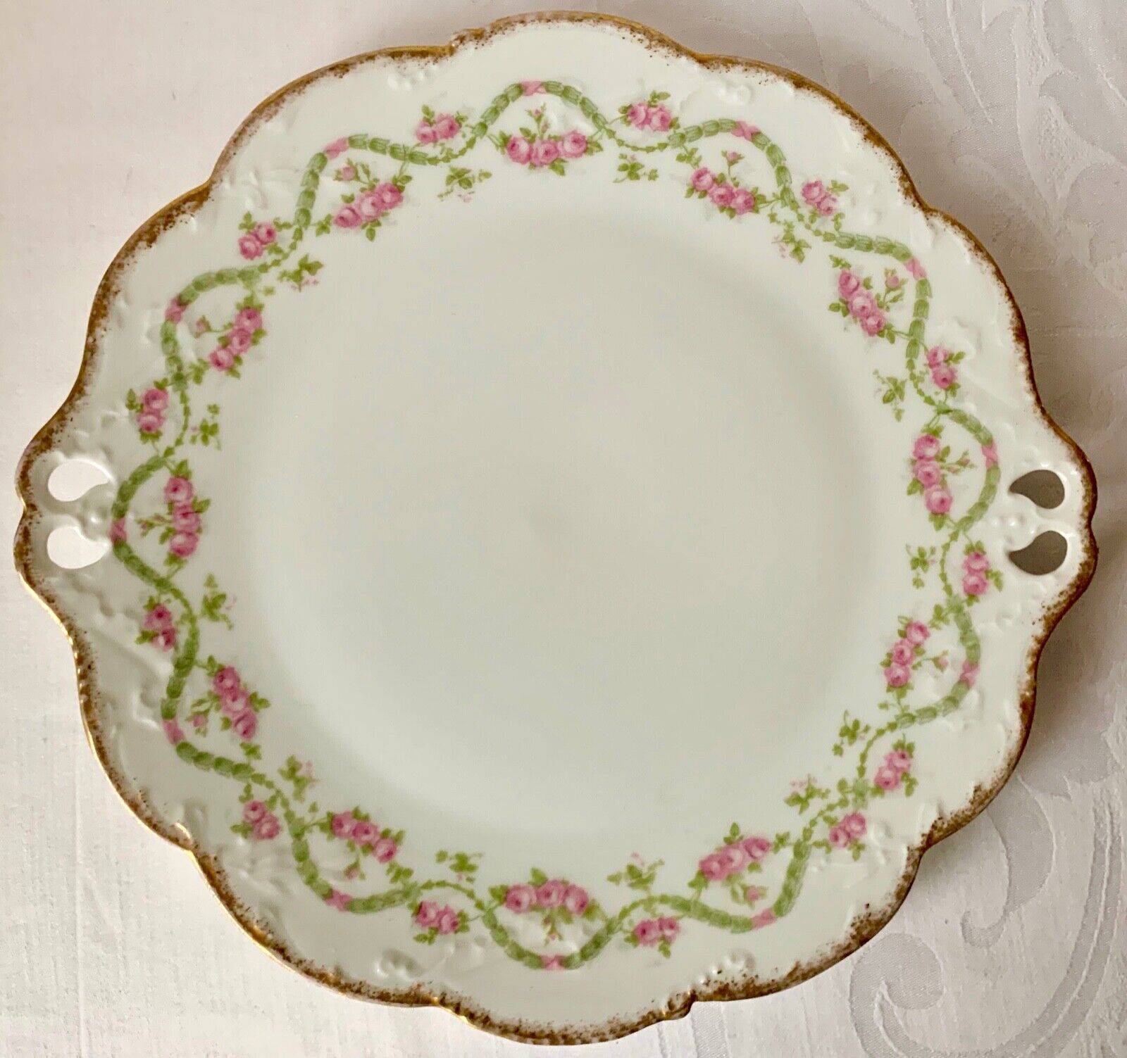 LOVELY LATRILLE FRÈRES OLD ABBEY LIMOGES 10 3/8in CAKE PLATE, PINK ROSES, SWAGS