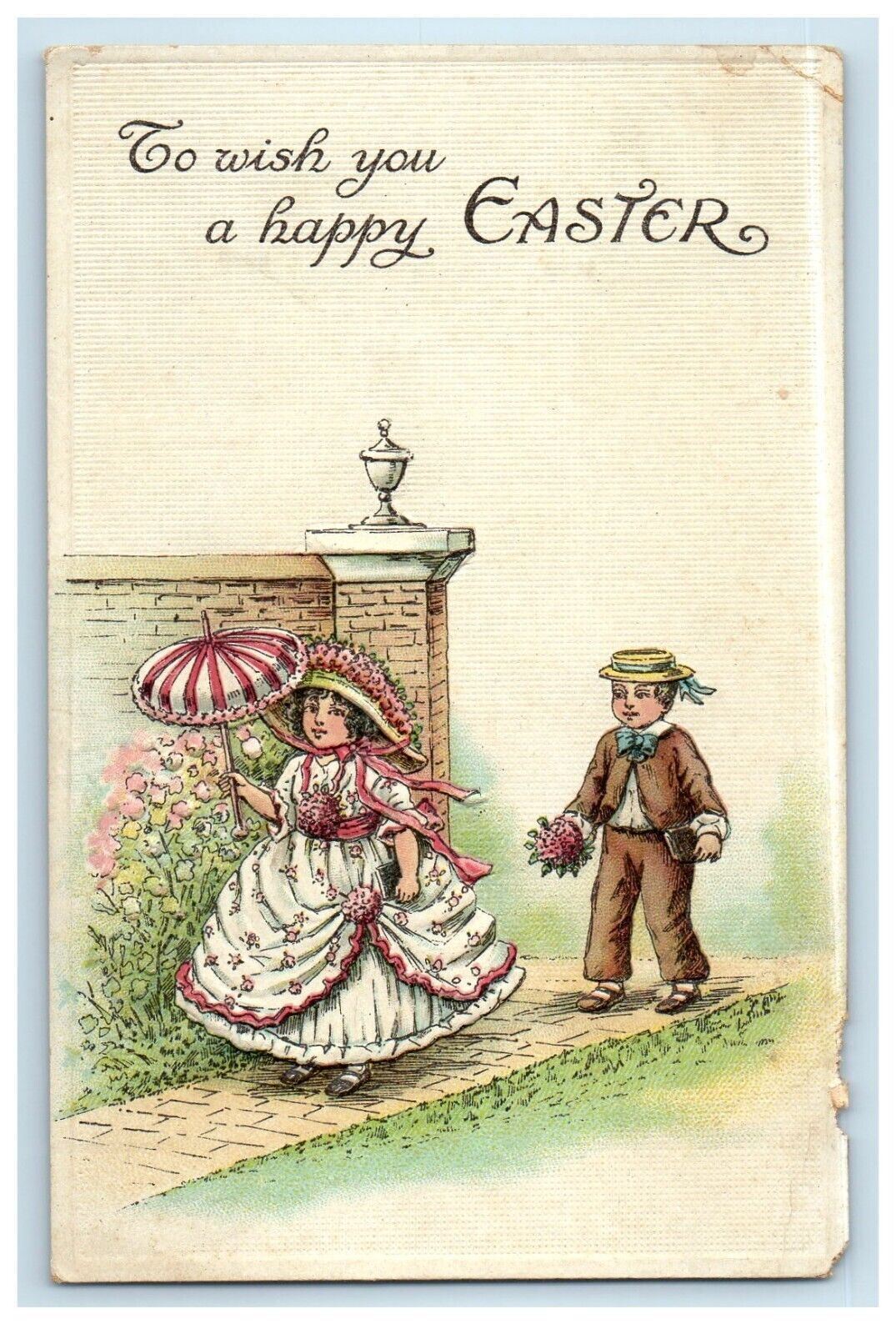 c1910's Happy Easter Dressed Girl Boy With Flowers Embossed Antique Postcard