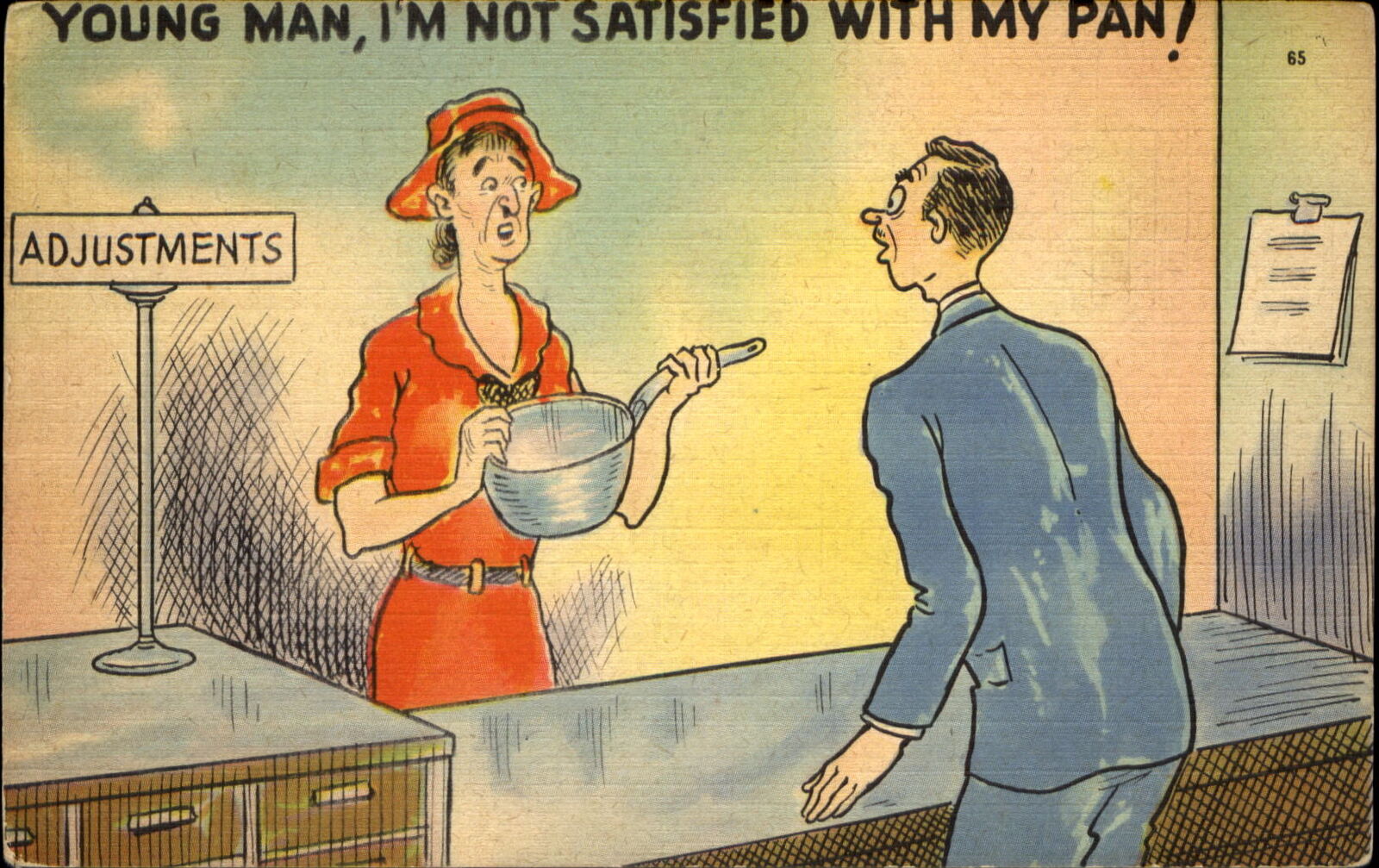 1940s comic department store ADJUSTMENTS DEPT woman kitchen pan ~ pun