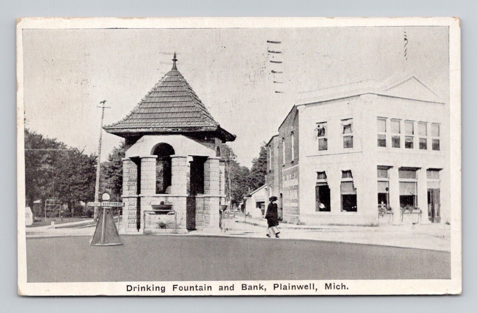 Postcard Bank & Fountain in Plainwell Michigan, Vintage C3