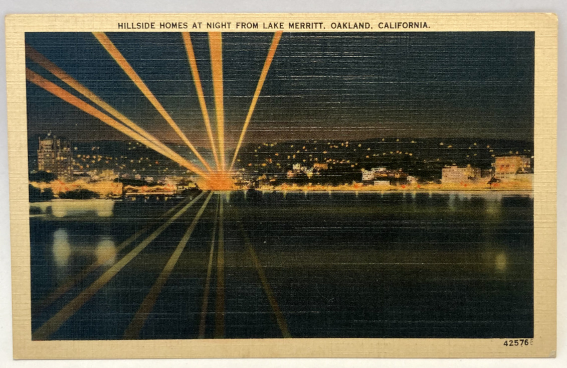 Hillside Homes At Night from Lake Merritt, Oakland, California CA Postcard