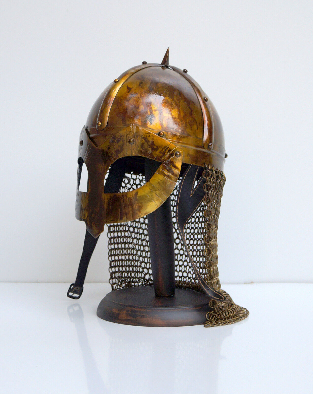 medieval spectacle chainmail helmet with display wooden stand wearable armour