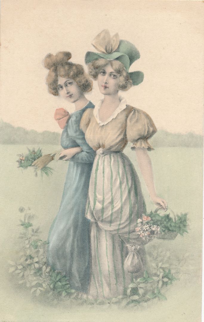 Two Young Woman With Flowers Postcard - 1908