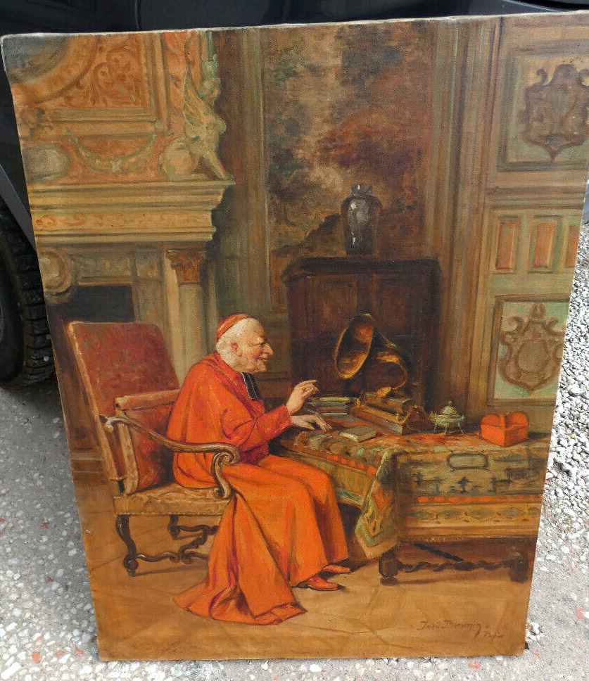 Antique Flanders school Oil canvas painting Bishop cardinal gramophone interior