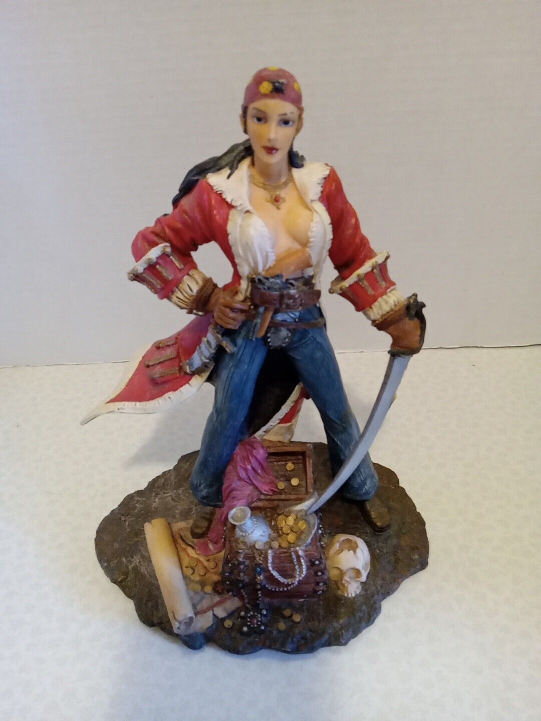 Summit Collection Myth & Legends Woman Pirate / Treasure Chest Statue 10”