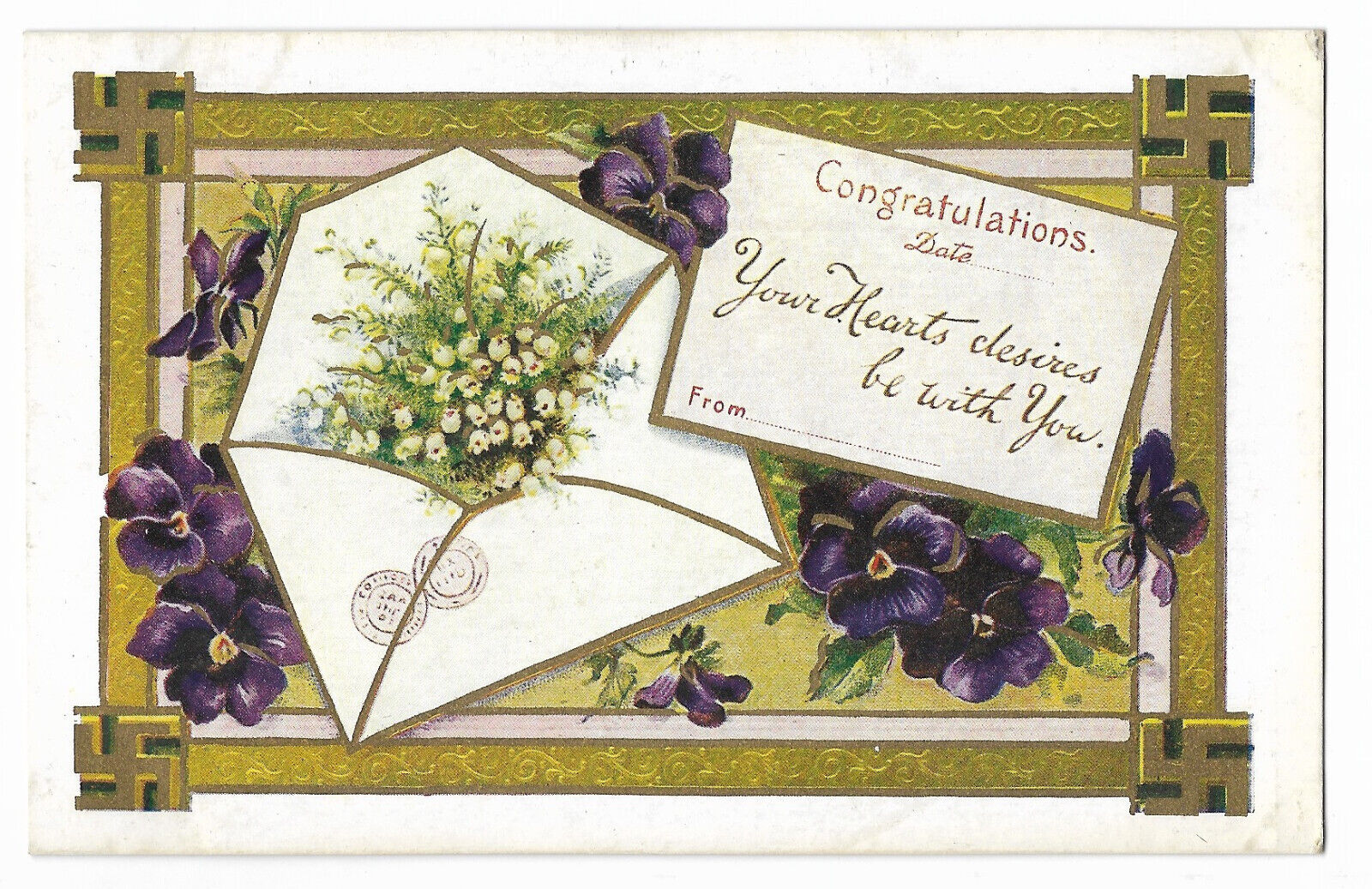 1910s Antique Postcard ~ Whirling Log Symbol ~ Congratulations, Violets