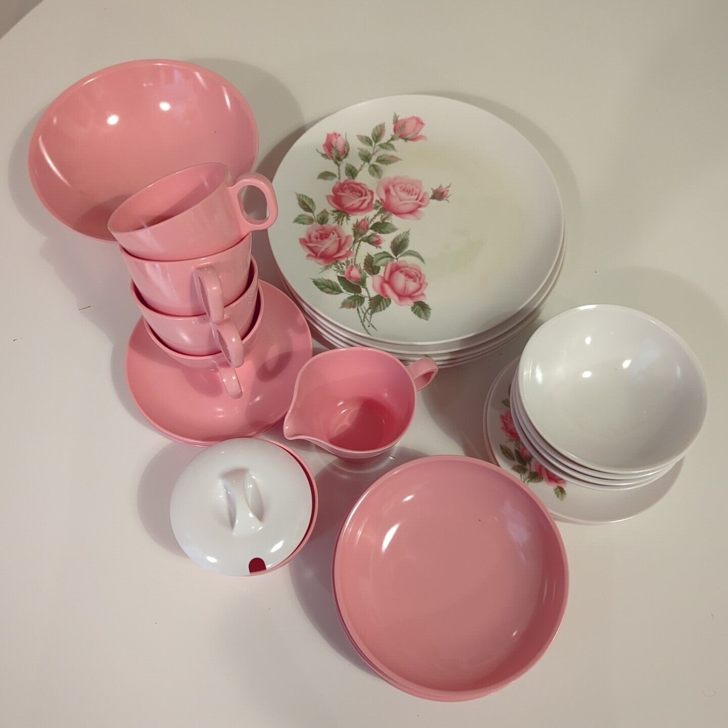 Vintage MCM Boonton Ware Set Melamine Rose Pink Dinnerware Plates Bowls Mugs 