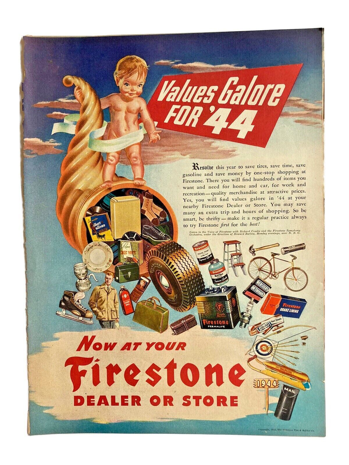 Vtg Firestone Print Ad Values Galore for \'44 Baby New Year Cornucopia 1940s 