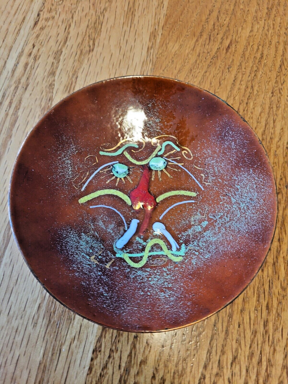 Vintage enamel on copper trinket dish funny face signed Helen Kennedy